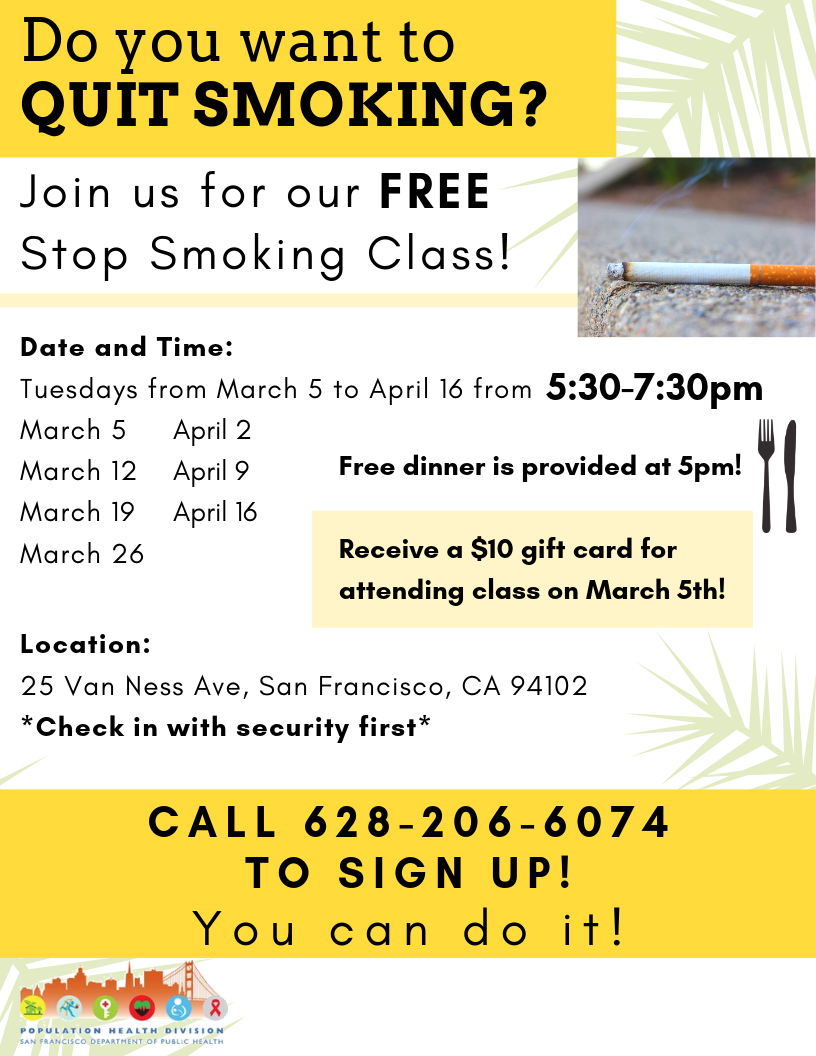 March 5-April 16 Stop Smoking Class Flyer | San Francisco Tobacco-Free